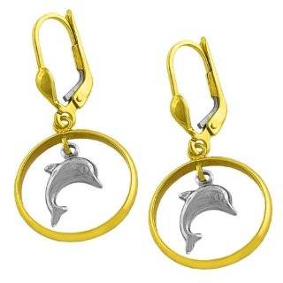 14 Karat Two tone Gold Dolphin/ Ring Leverback Dangle Earrings Jewelry