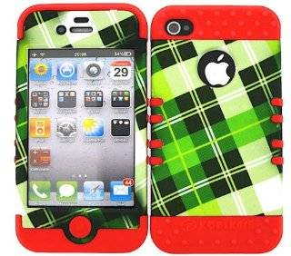 3 IN 1 HYBRID SILICONE COVER FOR APPLE IPHONE 4 4S HARD CASE SOFT RED RUBBER SKIN PLAID RD TE294 KOOL KASE ROCKER CELL PHONE ACCESSORY EXCLUSIVE BY MANDMWIRELESS Cell Phones & Accessories
