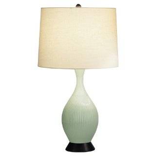 Robert Abbey 223 Lamps with Off White Linen Shades, Deep Patina Bronze Accented Celadon Glazed Ceramic Finish