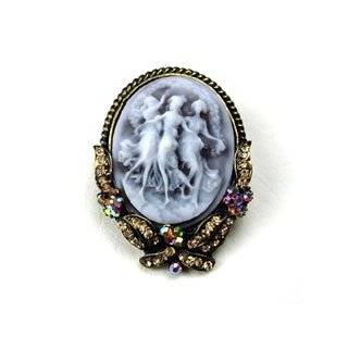 Yellow Austrian Rhinestone Brown Color Dancing Lady Maiden Cameo Antique Brass Tone Brooch Pin Jewelry
