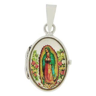 14k White Gold, Locket Pendant Charm Virgin Mary Guadalupe Image for Photos Oval Shape Jewelry