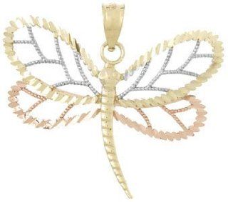 14k Gold Novelty Necklace Charm Pendant, Dragonfly With Beaded & Diamond Cut Win Million Charms Jewelry
