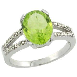14k White Gold Natural Peridot Ring Oval 8x10 mm 2.4 ct Diamond Accent 3/8 inch wide, sizes 5 10 Jewelry