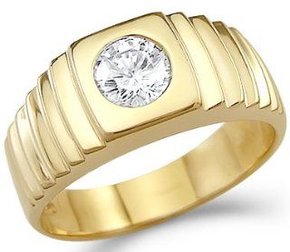 Solid 14k Yellow Gold Mens Solitaire CZ Cubic Zirconia Wedding Band Ring New 0.75 ct Jewelry