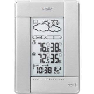 Oregon Scientific BAR388HGA S Wireless Weather Station with Temperature/Humidity Display and Self  Setting Atomic Clock, Silver Home & Kitchen
