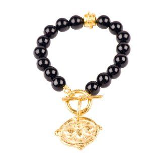 Susan Shaw Gold Bumble Bee Intaglio on Black Onyx Bead Bracelet Jewelry