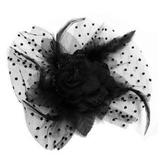 Elegant Glittery Rose with Feathers Polka Dot Lace Mesh Fascinators Hair Clip/brooch Pin   Black 