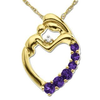 XPY 14k Yellow Gold Amethyst and Diamond Mother Holding Child Pendant, 18" Jewelry