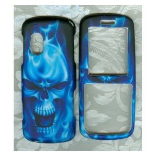 Samsung T401g Tracfone, Straight Talk Prepaid Net 10 Snap on Hard Rubberized Phone Case Cover Faceplate Protector Accessory Blue Flame Skull Cell Phones & Accessories