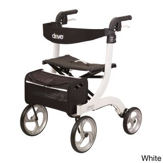 Nitro Euro Style Rollator Walker (AdultMaterials AluminumWeight capacity 300 poundsDimensions 23 inches long x 27.75 inches wide x 33.5 to 38.25 inches highSeat 8 inches deep x 18 inches wideColor options White or blackWeight 17.5 poundsAttractive, 