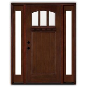 Craftsman 3 Lite Arch Stained Mahogany Wood Right Hand Entry Door with 14 in. Sidelites and 4 in. Wall M4151 6011 14 4RH