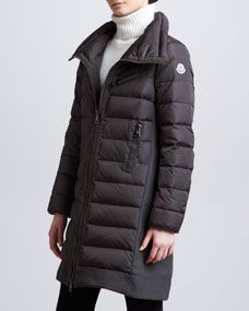 Moncler Long Puffer Coat with Knit Insets, Olive