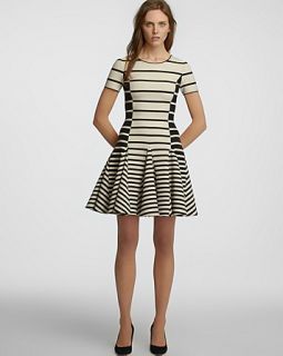 HALSTON HERITAGE Flare Skirt Stripe Dress   Short Sleeve