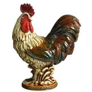   Road Cucina Rich Color Ceramic Rooster on Roped Pedestal, 15 Inch