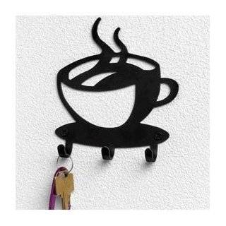 Coffee House Cup Java Silhouette Wall Mounted Key Hook Art Metal Mug 