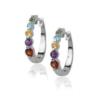   Silver Multi Color Gemstone & Diamond Half Hoop Earrings Jewelry